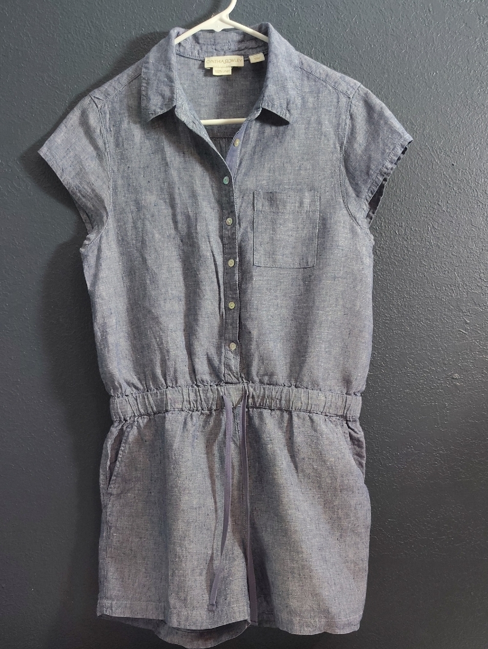 Cynthia Rowley Linen Tie Waist Short-Sleeve Button Romper in Chambray Blue